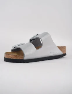 New Evie Lou Arizona Soft Bed Sandal, Metallic Silver