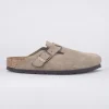 Shop Evie Lou Boston Suede Clogs, Taupe