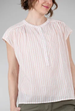 Shop Evie Lou Cap-Sleeve Stripe Shirred Top, White/Tangerine