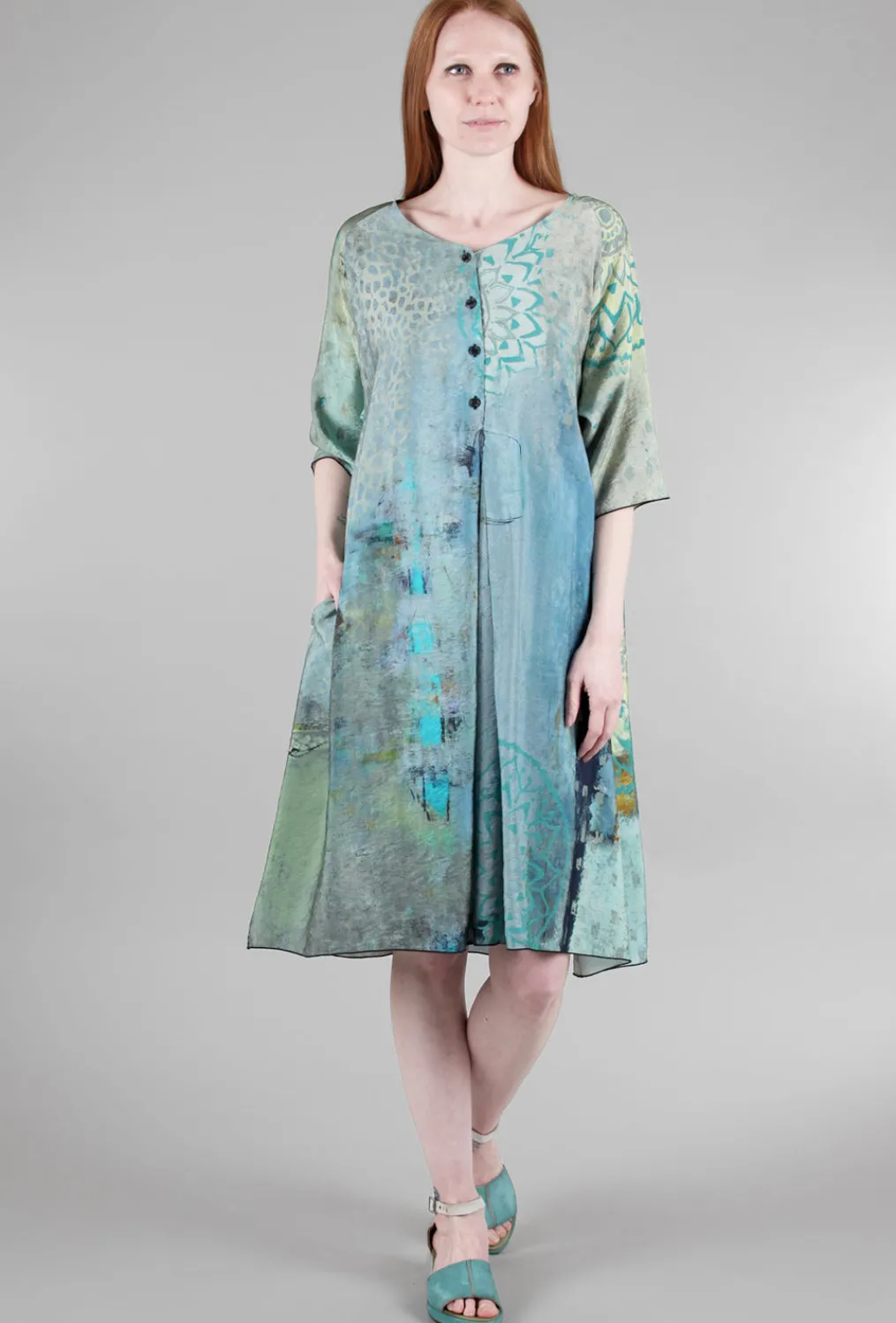 Fashion Evie Lou Elbow Button Dress, Sage/Blue