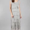 Best Sale Evie Lou Long Tattered-Tiers Dress, Taupe