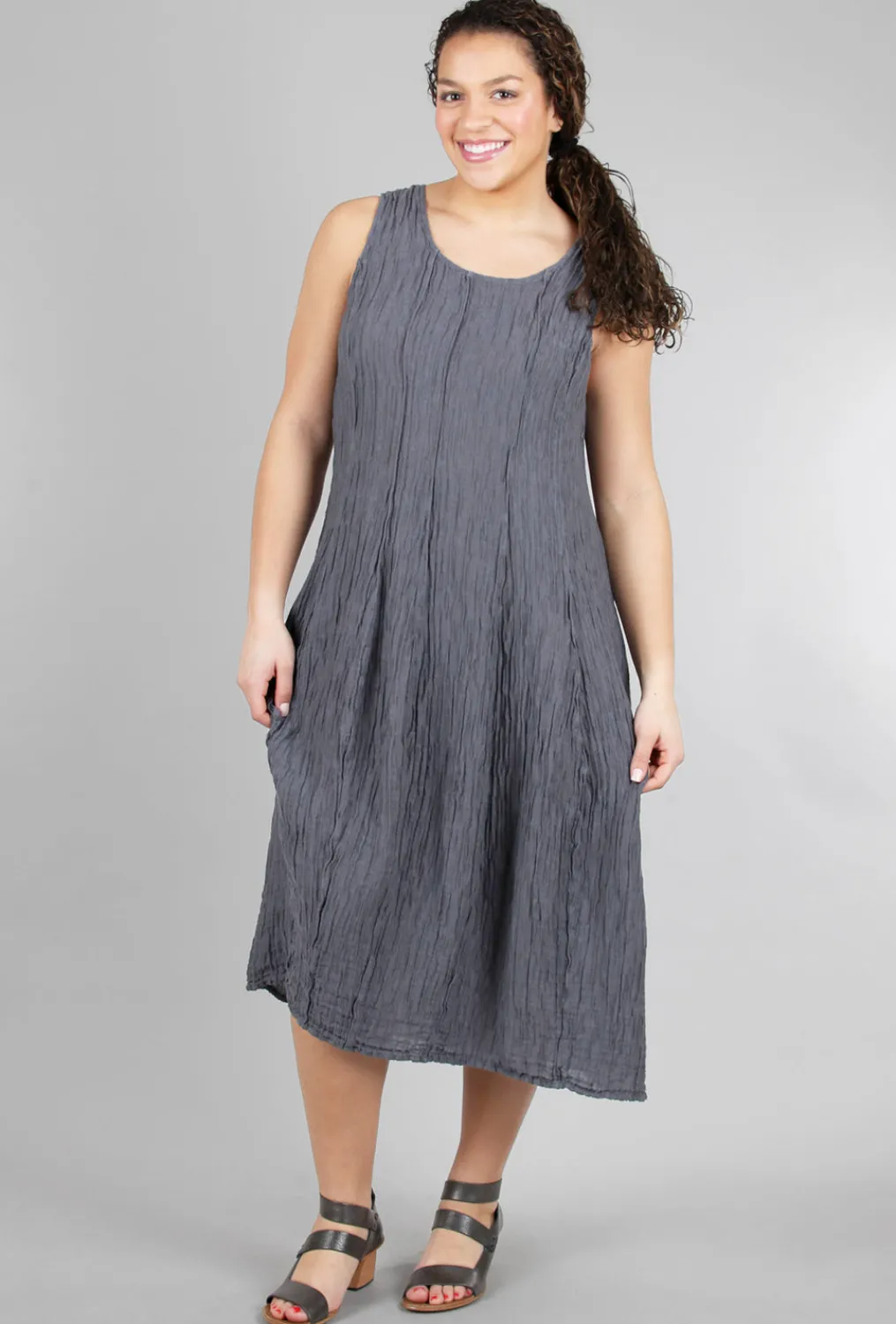 Hot Evie Lou Silk-Linen Crinkle Tank Dress, Slate