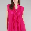 Flash Sale Evie Lou Silky Ruffle Placket Top, Fuchsia