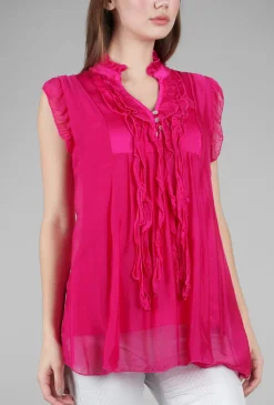 Flash Sale Evie Lou Silky Ruffle Placket Top, Fuchsia
