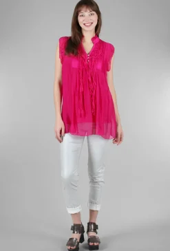 Flash Sale Evie Lou Silky Ruffle Placket Top, Fuchsia