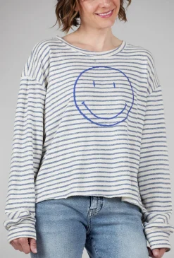 Clearance Evie Lou Smiley Stripe Sweatshirt, Ivory/Denim