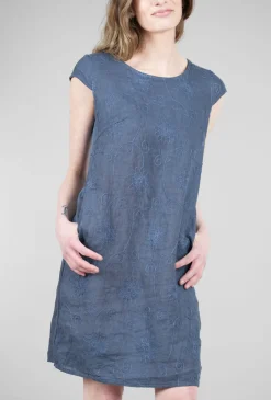 Hot Evie Lou S/S Embroidered Linen Dress, Indigo