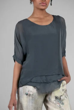 Best Evie Lou Tattered-Trim Blouse, Charcoal