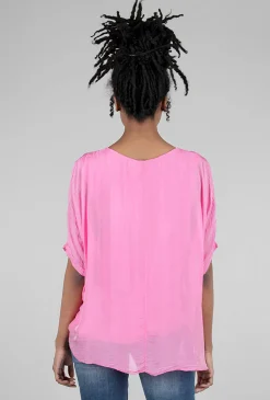 Discount Evie Lou Tattered-Trim Blouse, Hot Pink