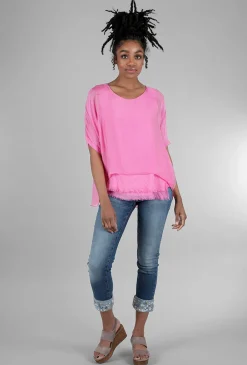 Discount Evie Lou Tattered-Trim Blouse, Hot Pink