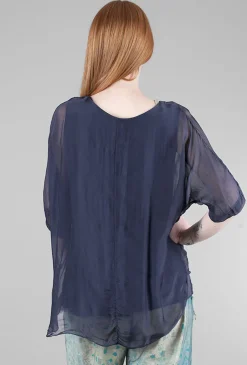 Store Evie Lou Tattered-Trim Blouse, Navy