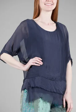 Store Evie Lou Tattered-Trim Blouse, Navy