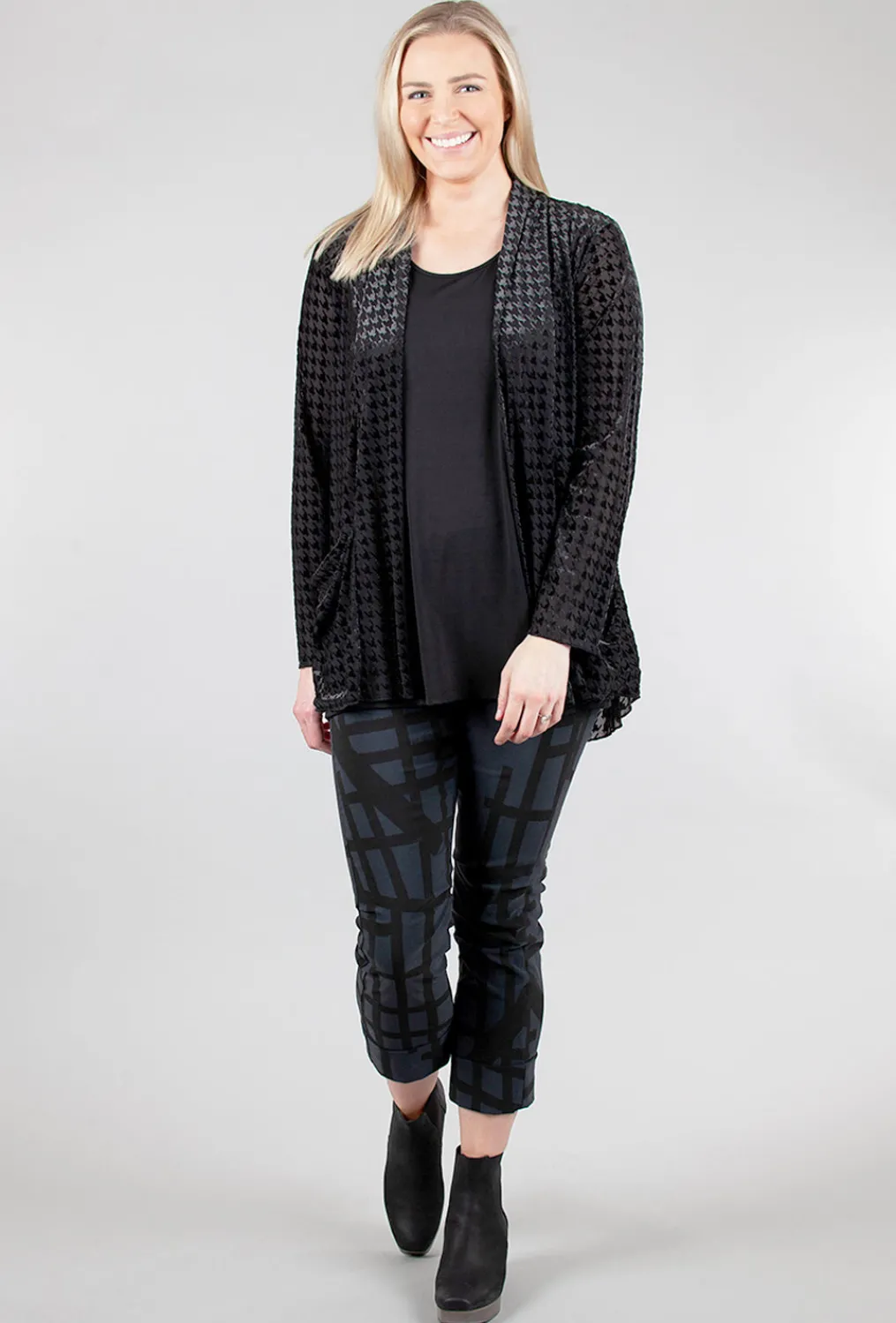 Best Evie Lou Velvet Houndstooth Mesh Cardie, Black